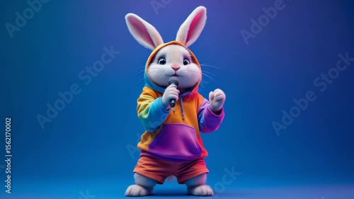Cartoon bunny singing into a mic. Wears a vibrant hoodie. Blue backdrop