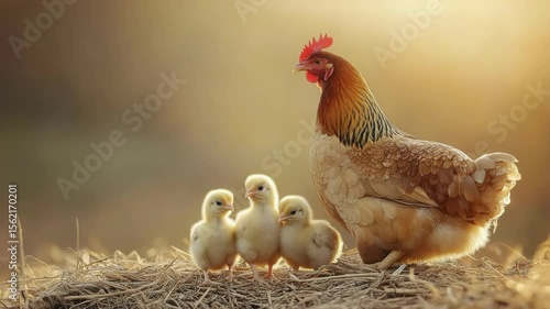 Mother Hen with Her Chicks in Nesting Area During Early Morning Sunlight