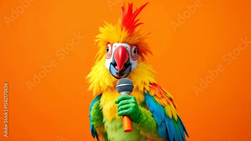 Colorful parrot holds a microphone on an orange background