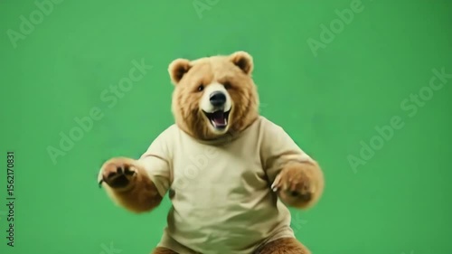 Costumed bear in tee, dancing on green screen