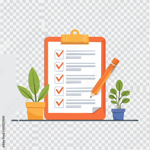 Orange Clipboard Checklist with Plants and Pencil