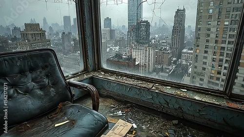Abandoned office with a worn chair overlooking a misty city skyline, showcasing urban decay