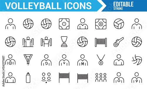 Collection of sports icons for volleyball games, including players, actions, and nets.
