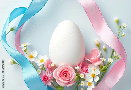 Delicate blue & pink ribbon framing white floral egg design,  blue,  blossom