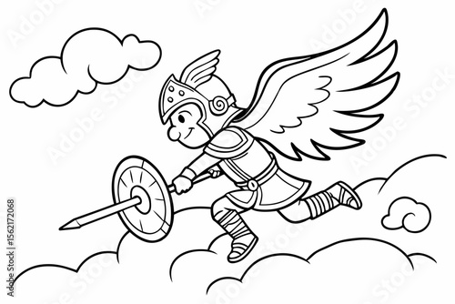 Gatotkaca, the mighty hero from Indonesian mythology, flying through the clouds. Simple line art style for a coloring page, black and white