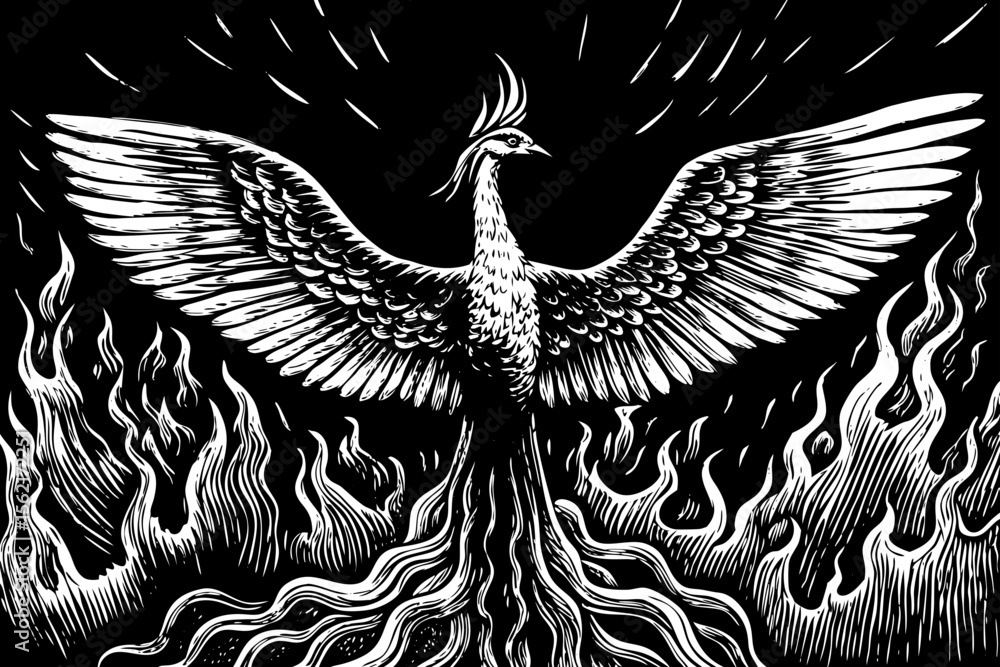 Obraz premium flaming phoenix rising from its ashes with spread wings and curved flames, perfect for mythology books, motivational posters or chest tattoos a black and white line art illustration