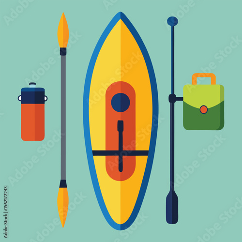 Flat top-view kayak with camping gear and equipment in vector design