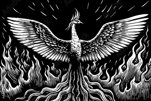 flaming phoenix rising from its ashes with spread wings and curved flames, perfect for mythology books, motivational posters or chest tattoos a black and white line art illustration