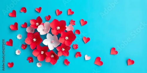 Heart-shaped red & white paper flowers on blue background  Romantic, Mother's Day design, botanical, design