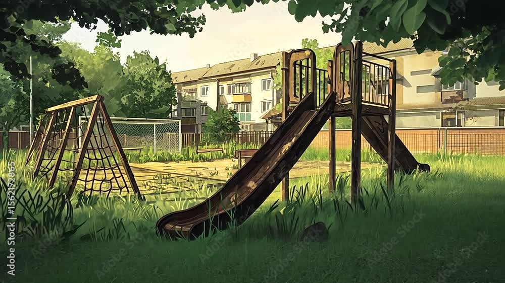 Abandoned playground with a slide and swings, surrounded by overgrown grass and trees Abandoned playground with a slide and swings, surrounded by overgrown grass and trees