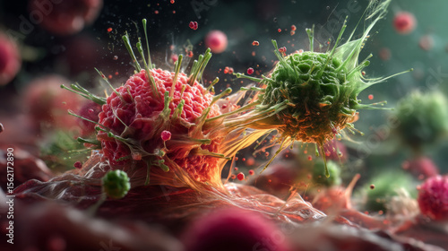Magnified View of Cancer Cells Battling Immune Response Mechanisms