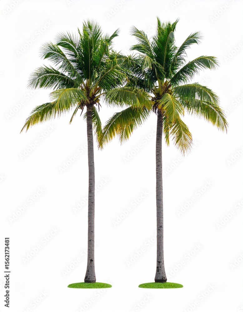 Obraz premium Two Lush Green Coconut Palm Trees Isolated on White Background.