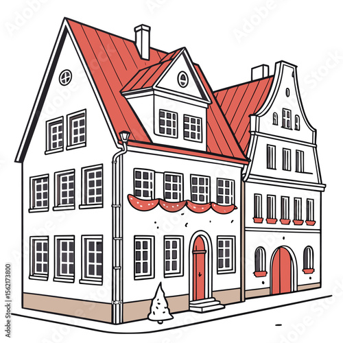  Dos casas europeas tradicionales con tejados rojos y decoraciones navideñas, situadas en una esquina de calle.
