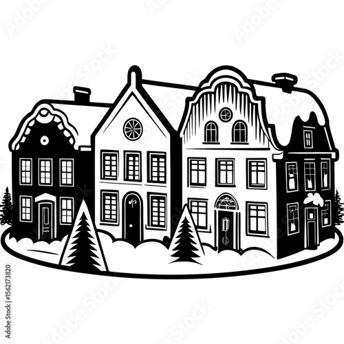  Tres casas antiguas rodeadas de nieve y árboles en una escena invernal, en estilo monocromo y detallado.
