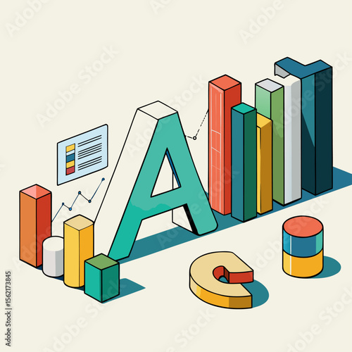  Representación tridimensional de gráficos y letras "AI" con diferentes tipos de barras y diagramas de datos.
