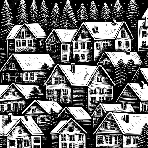  Conjunto de casas cubiertas de nieve junto a pinos bajo un cielo oscuro estrellado, con estilo gráfico detallado.
