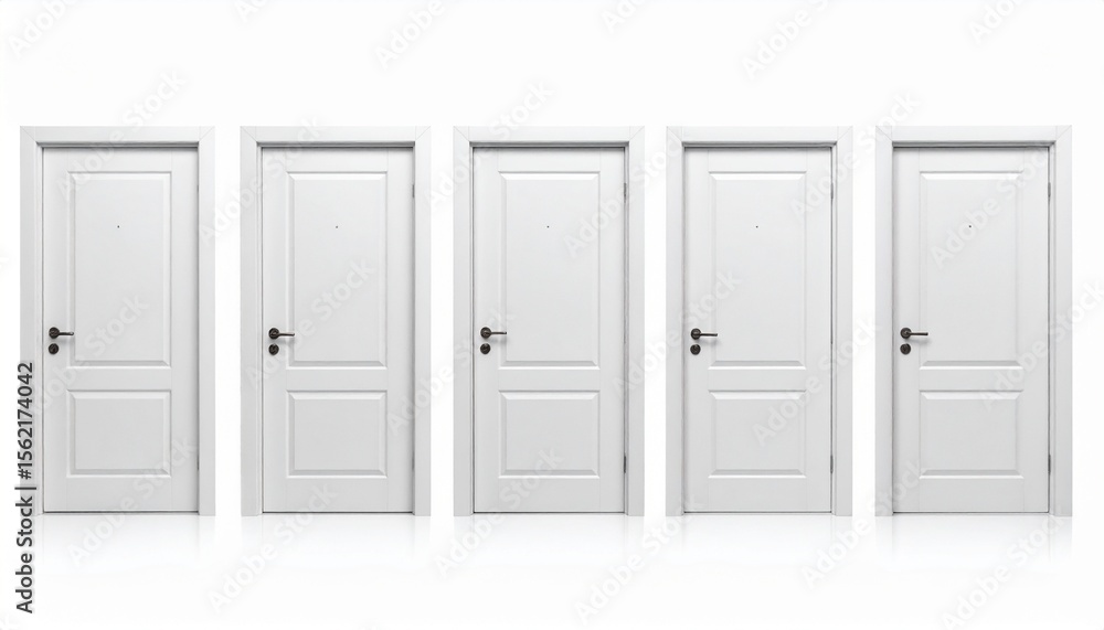 Five White Doors Representing Choices and Opportunities. Five White Doors Representing Choices and Opportunities.