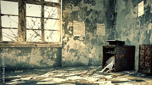 Abandoned room with scattered papers, broken window, and peeling walls, suggesting neglect