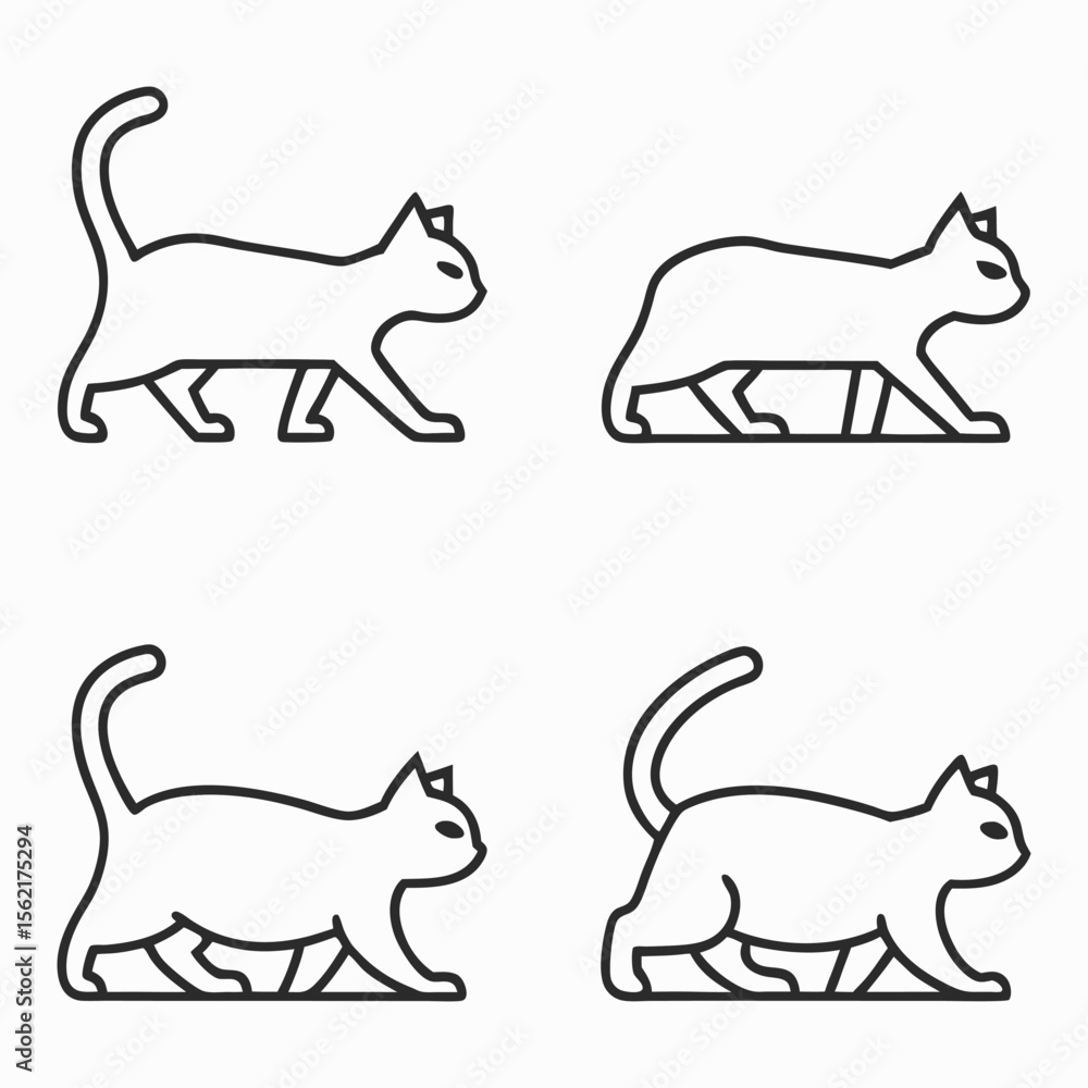 Four Minimalist Cat Illustrations in Black and White Outline Style Four Minimalist Cat Illustrations in Black and White Outline Style