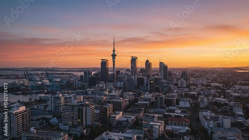 Scenic View of Auckland City Skyline at Sunset Over Water