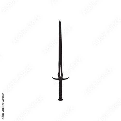 A black silhouette of a fantasy sword with a detailed hilt isolated on white background silhouette