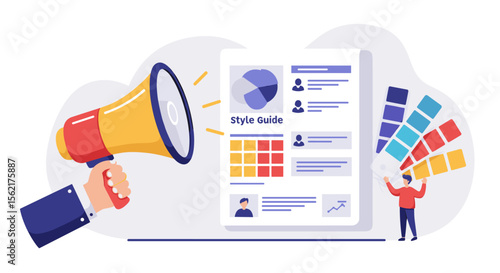 Style guide design concept with megaphone and color swatches vector illustration for branding and marketing