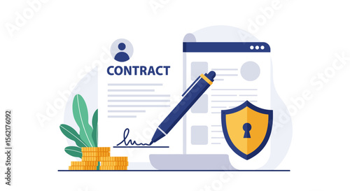 Contract signing vector illustration for business security and online protection design
