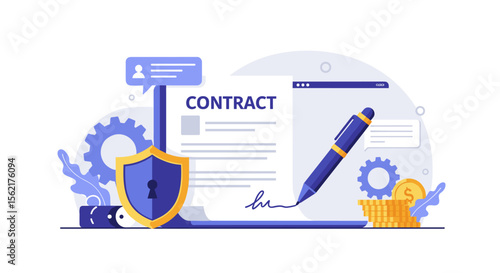 Business contract security vector illustration - isometric design for digital agreements and financial transactions