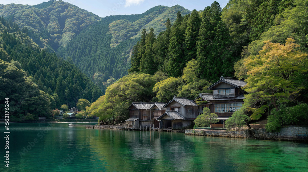 Obraz premium Picturesque Traditional Houses Reflect Upon Serene WatersDramatic Mountain Landscape Embraces Peaceful Lakeside Village