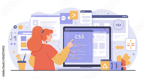 Web development concept with css code and programmer vector illustration for digital design projects