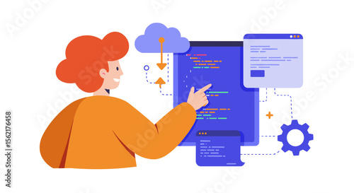 Programmer engaging with cloud computing and web development in flat vector illustration