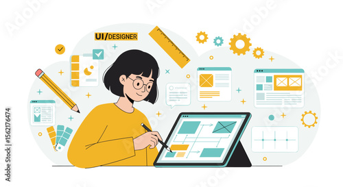 Ui designer at work vector illustration - creative design and wireframing for digital interfaces