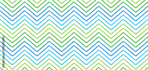 Crayon seamless pattern with zigzag lines. Abstract by with geometric zig zag print. Seamless pattern with blue and green wavy strokes with chalk texture, vector illustration