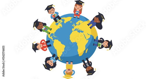 Diverse graduates around the world vector illustration for global education theme