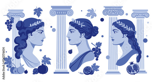 Ancient greek goddess vector illustration with corinthian columns and fruits in blue tones for classical art design