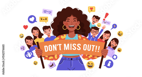 Engaging social media campaign vector illustration with diverse emojis and enthusiastic crowd for marketing design