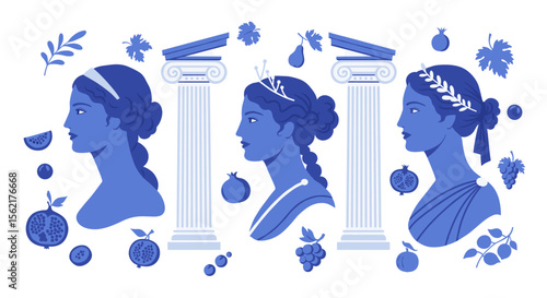 Greek mythology themed vector illustration featuring classical columns and mythical figures in flat style for design and decor