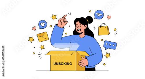 Unboxing experience vector illustration with cheerful woman and social media icons for digital content design