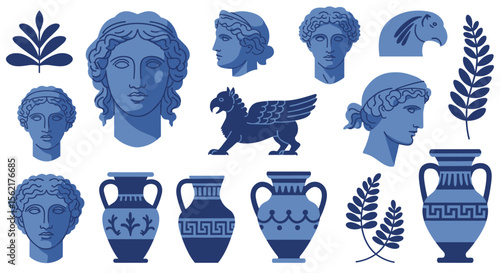 Classical greek elements vector illustration with vases and mythology symbols for design projects