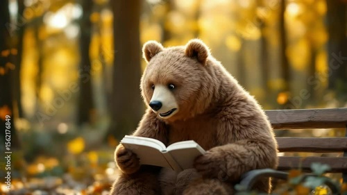 Furry brown bear is engrossed reading a book on a bench in the autumn forest