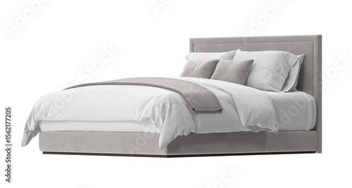 фотографія A beautifully made bed with soft, white bedding and a gray bedframe