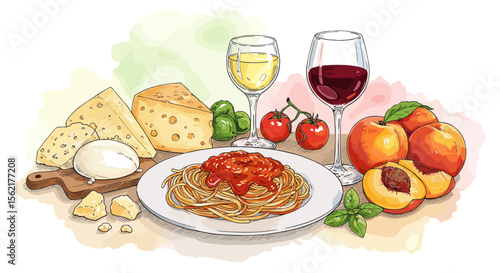 Italian cuisine vector illustration: pasta dish with wine, cheese, and fresh ingredients