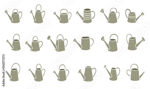 Green watering cans in flat style. Agriculture and green ecology concept. Hand drawn watering cans collection. Isolated on white background. Vector