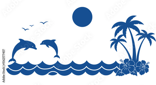 Tropical beach scene with dolphins and palm trees vector illustration for summer design