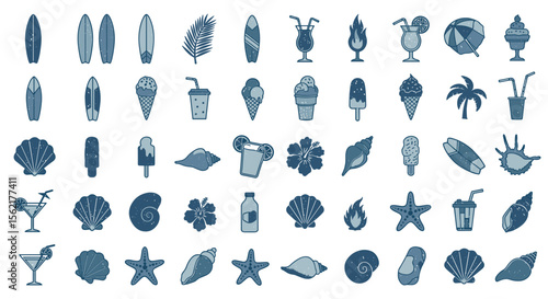 Summer beach and surfing themed vector illustration for design in flat style