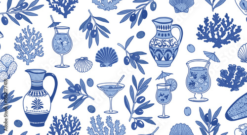 Mediterranean themed vector illustration with vases, cocktails, and sea motifs in elegant blue and white design