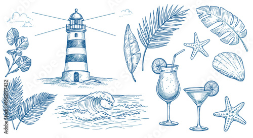 Coastal summer vibes vector illustration with lighthouse, tropical leaves, and refreshing cocktails design