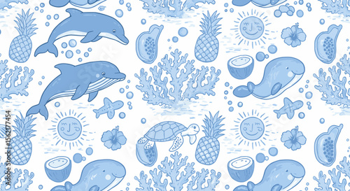 Marine life vector illustration with dolphins, whale, turtles, and tropical elements in blue tones for print design