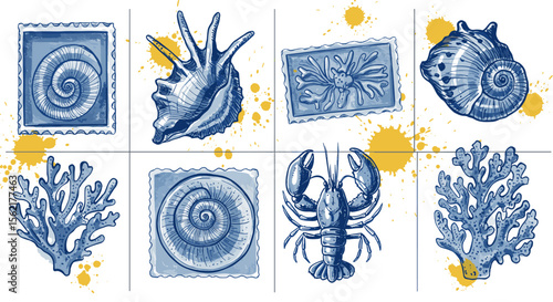 Blue ink seashell and lobster vector illustration for marine themed prints and designs