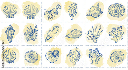 Marine life collection vector illustration for nautical design featuring seashells, coral, and sea creatures